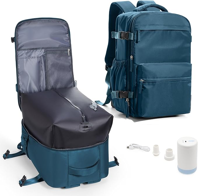 Vacuum Travel Backpack with Pump for Women,Airback Personal Item Carry on Backpacks Flight Approved for Men,Laptop Waterproof Work Compression bags Casual Daypack(Blue)