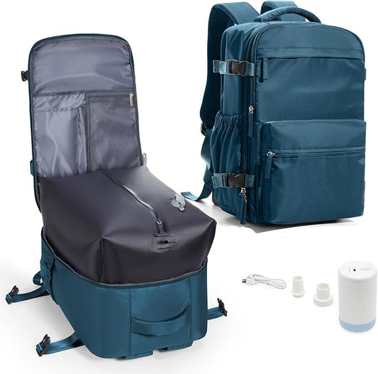 Vacuum Travel Backpack with Pump for Women,Airback Personal Item Carry on Backpacks Flight Approved for Men,Laptop Waterproof Work Compression bags Casual Daypack(Blue)