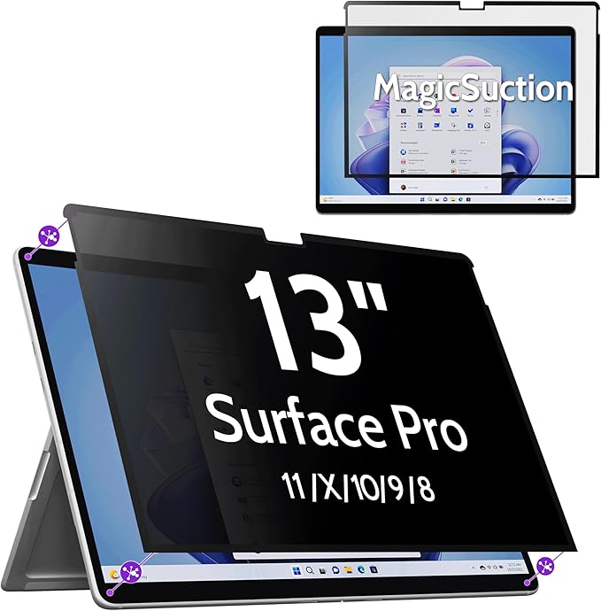 Privacy Screen for 13 Inch Surface Pro 11/10/9/8/X, MagicSuction™ Removable Anti Spy Black Protector, Glare Blue Light Filter for Microsoft Laptop Computer Monitor