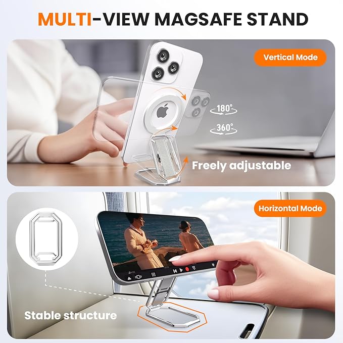 (2025 Upgraded) 4-in-1 Magnetic Phone Grip Stand for MagSafe with Finger Strap Loop,Removable Ring Holder for iPhone 17 Pro Max 16 15 14 13 12,Kickstand for Hands-Free View at Home Work Travel, Silver