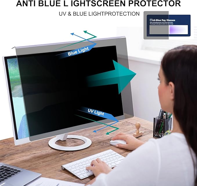 32 Inch Hanging Computer Privacy Screen Protector Shield Compatible for 16:9 Widescreen Desktop Monitor - Anti-UV & Blue Light Filter - Hanging Design for Easy On/Off