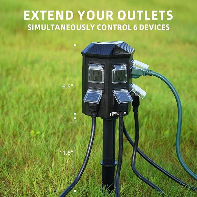 Outdoor Power Strip with 60 FT Extension Cord, 100FT Remote Control, Dusk to Dawn Light Timer Waterproof, 6 Grounded Outlets for Yard, Pool and Garden, ETL Listed