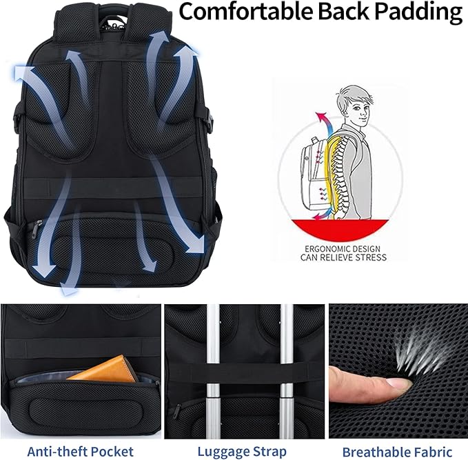 VANKEAN 17.3'' Travel Laptop Backpack TSA Friendly, Water Resistant Anti Theft Extra Large College Backpacks with RFID Pockets, USB Port for Men Women Business Work Bag, Black