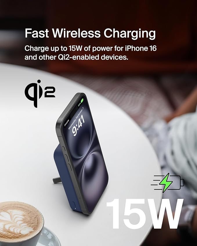 Belkin Portable Charger, Wireless Power Bank 15W 10000 mAh w/ Qi2, MagSafe Charger + Built-in Pop-up Kickstand - Compatible w/iPhone 17, Air, Pro, Pro Max, Google Pixel 10, etc. - Blue