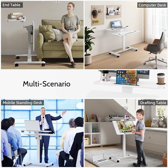 Pneumatic Standing Desk with Wheels - Adjustable Height 28" - 46" & 0-90° Tilt, 31.5" x 17.7" Skin-Feel Desktop, Rolling Computer Desk for Home Office, Hospital, School (White)