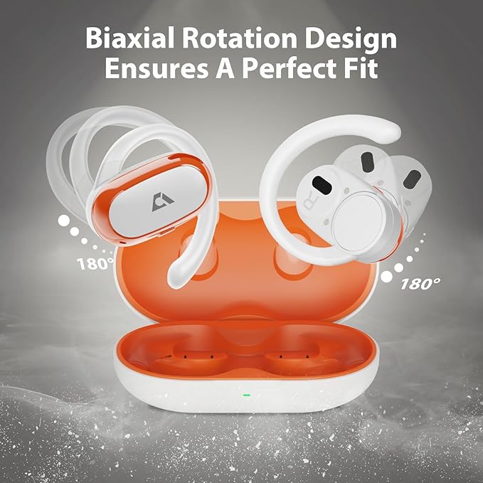 1Mii Open Ear Headphones, Wireless Sports Earbuds 60 Hours Long Playtime with Charging Case (White&Orange)