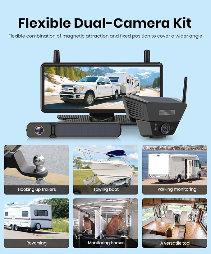 AUTO-VOX 2 Solar Wireless Backup Camera System with Two Cameras (License Plate & Portable): 7.2” 1080P HD Dual Channel Monitor, IP69K Waterproof Back up Camera for Truck,RV,Camper,Horse/Boat Trailer