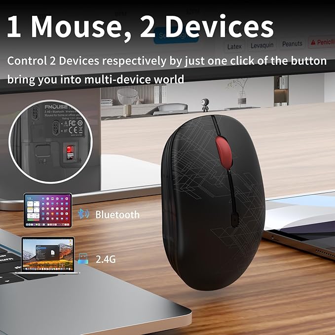 Dual Mode Wireless Mouse: Bluetooth & 2.4GHz USB, Silent Click, Ergonomic for Office & Study, AA Battery (1 Year Life), Portable for Laptop, PC, Mac, iPad, Windows/MacOS/Android (Black)