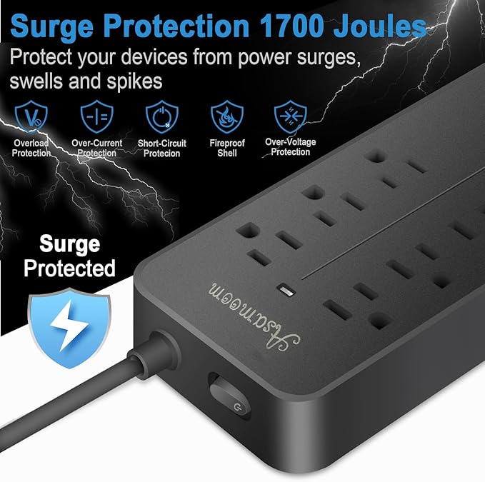 15FT Surge Protector Power Strip Extension Cord with USB C, Asamoom Flat Plug Power Strip with Long Cord, 8 Outlets and 3 USB A & 1 USB-C Port,1700J Wall Mount Desk Multiple Outlets Black ETL Listed