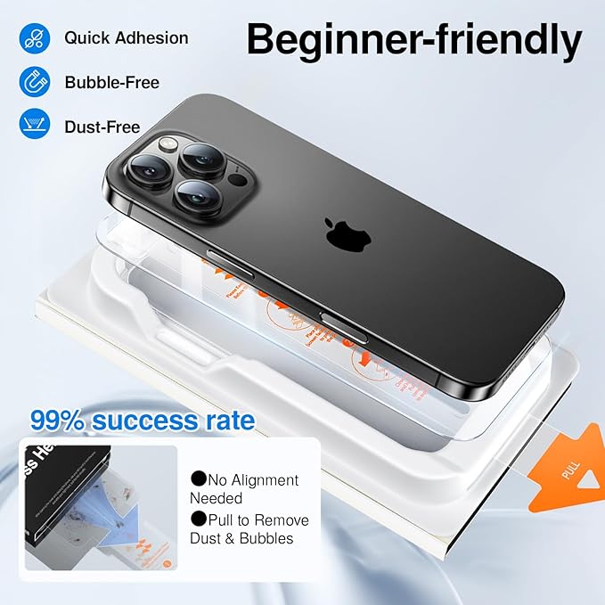 SMARTDEVIL 3 Pack Screen Protector for iPhone 16, Bubble-and-Dust-Free Box, HD Tempered Glass, Military Grade Shatterproof & Ultra Durable, Easy Installation