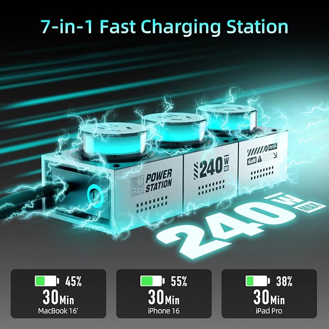 Mfish 240W GaN Charging Station, Super-Fast 7-Port Power Station, USB C Charger Block with RGB Ambient Lighting, Power Strip for MacBook, iPhone 16/15/14, Galaxy, and More (Silver)