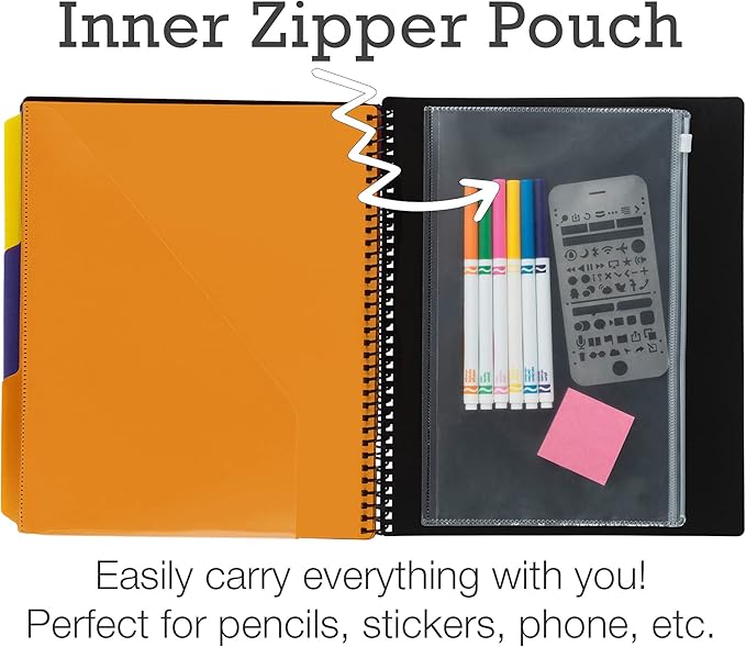 Samsill Deluxe 24 Pocket Spiral Project Organizer with Inner Zipper Pouch, Customizable Front Cover, 12 Dividers with Erasable Write-On Tabs in Fashion Colors, Plastic Folders with Pockets