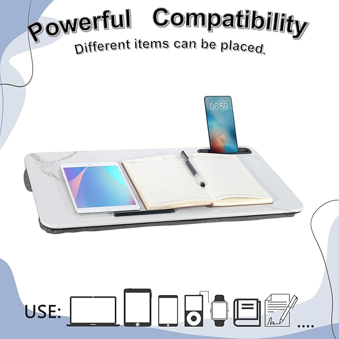 Portable Laptop Desk Fits Up to 16“ Laptops, with Tablet Slot, Built-in Cushion, Great for Home & Office,Lap Desk for Laptop,Lap Desk with Cushion (White Marble, Large)
