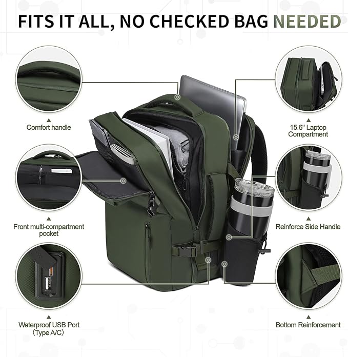 Business Travel Carry on Backpack, Lay Flat Luggage Style Bag with USB C & A, 16-inch Suitcase Capacity, Airline Approved, Green