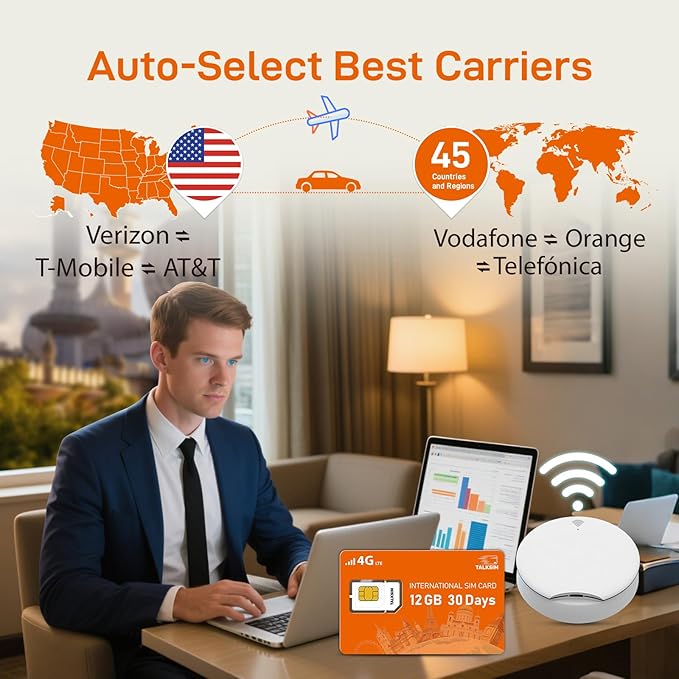 30 Days 12GB International Travel Data SIM Card, 4G LTE Coverage in 45 Countries (USA, UK, Europe, Asia, Africa), Prepaid Data Only Travel SIM for Unlocked Phones, Tablets, WiFi Hotspots,No Contract