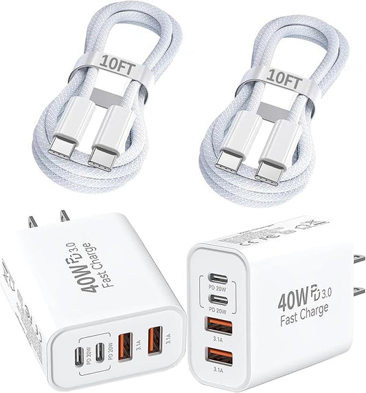 iPhone 17 16 Charger,4-Port USB C Charger Block Fast Charging 2Pack 40W Wall Charger with 10FT USB C to C Woven Braid Cable Cord for iPhone 17 Pro Max/17 Pro/17/Air/16e/16 Pro Max/16 Plus/15/iPad