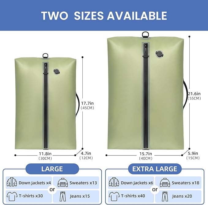 BAGAIL TPU Vacuum Bag for Travel, Reusable Compression Bag with IPX8 Waterproof Zipper, Save Space for Suitcase, Backpack and Carry on (Green, ExtraLarge, No Pump)