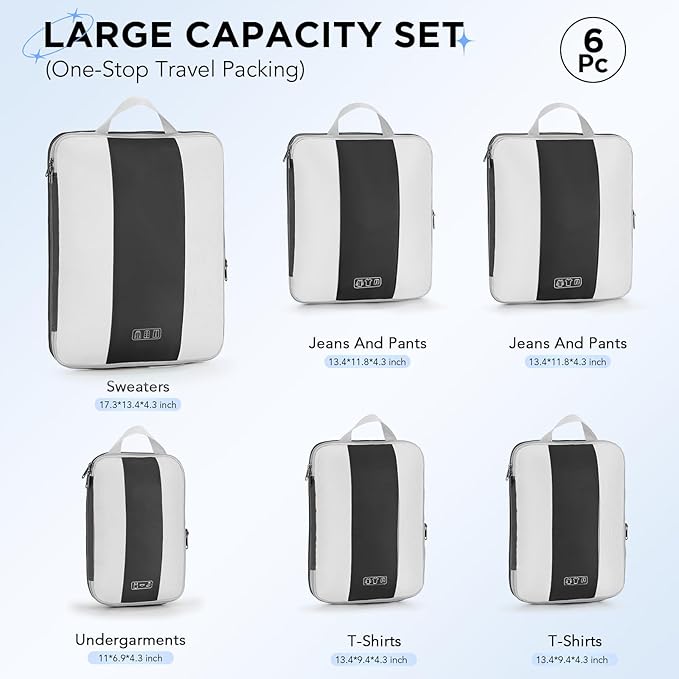 6 Set Compression Packing Cubes for Travel Essentials,Compressible Expandable Packing Cubes for Suitcase,OlarHike Luggage Organizer Bags for Travel,Handy Helper for Organizing Clothes(Black)