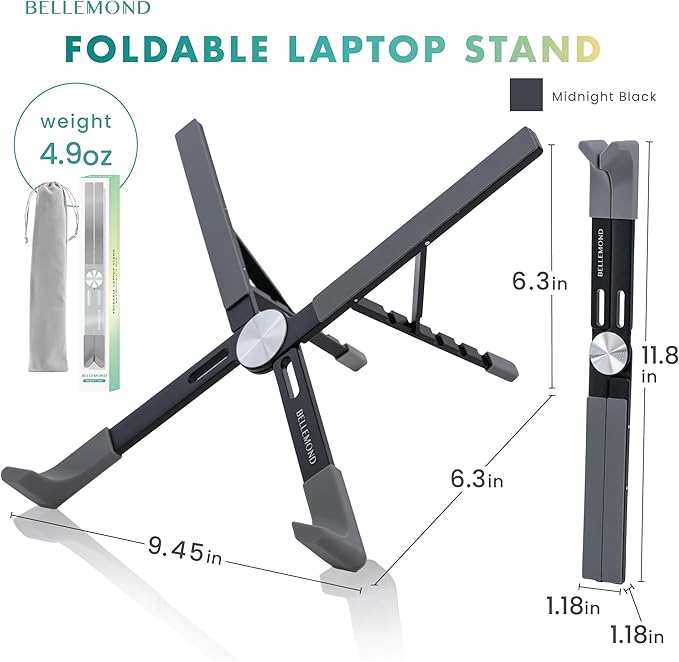 BELLEMOND Laptop Stand | Foldable & Adjustable Aluminum Riser | Ventilated X-Frame Japanese Design | Fits MacBook Pro/Air, Dell, HP, Lenovo & 10–17.3” Laptops | Portable & Lightweight | Midnight Black