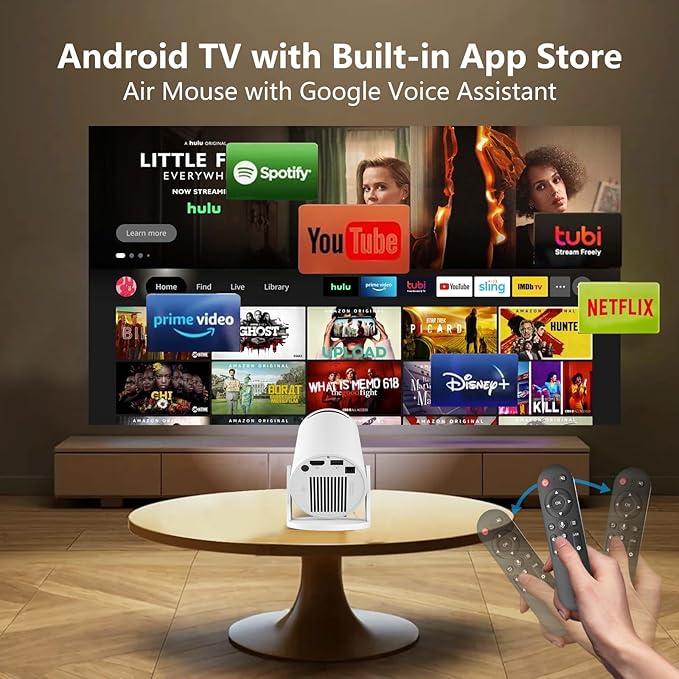 JREN Mini Android Projector Portable with WiFi and Bluetooth, Smart Projector with Auto Keystone, Outdoor Movie Projector for Bedroom Ceiling, Short Throw Roku Projector Home Theatre Mini