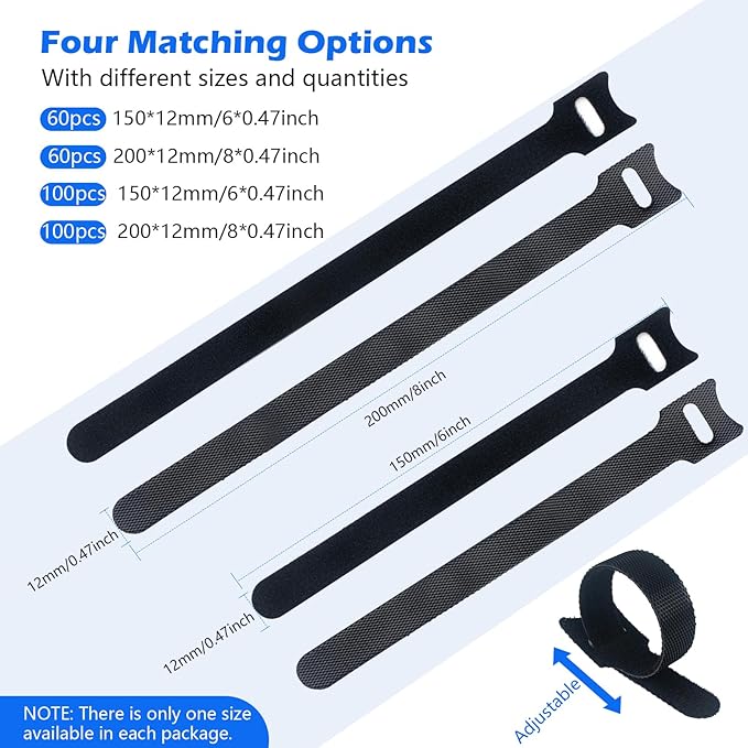 100 Reusable Cable Ties Black, Adjustable Cable Straps, Cable Tie Management, Cable Tidy for Desktop Charging Cables, Home and Office 200 * 12mm, 8in-100pcs, CS-104