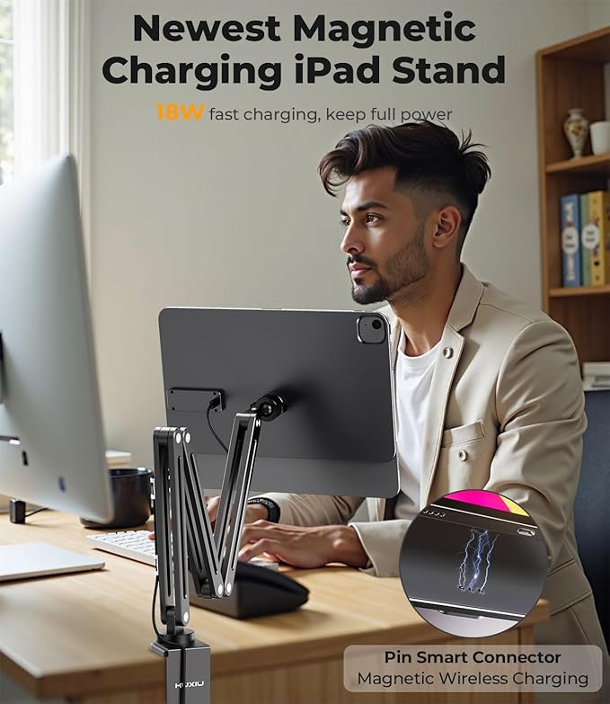 Magnetic Wireless Charging Stand for iPad Pro/Air 11 M2, Foldable Adjustable Arm Mount with 2M Cable, Aluminum Alloy Tablet Holder for iPad Pro 11 1st/2nd/3rd/4th, Air 10.9 4/5th