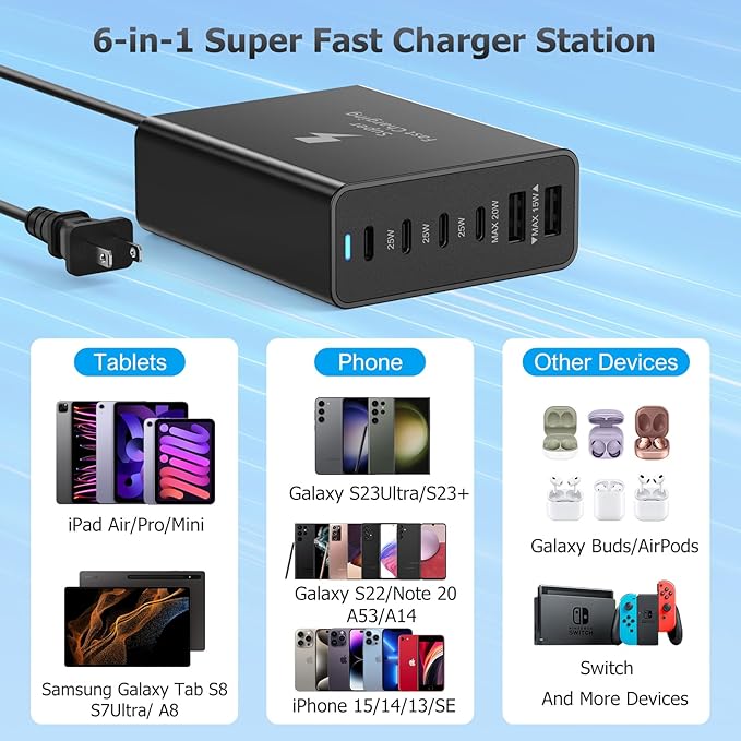USB C Charger Block, Costyle 125W 6 Port Super Fast Charger Type C Charging Block Station Hub Multiport USB C Wall Charger Power Adapter for Samsung S25 S23 S24 Ultra S22 S21 Z Fold Flip,Tab S10+/S9