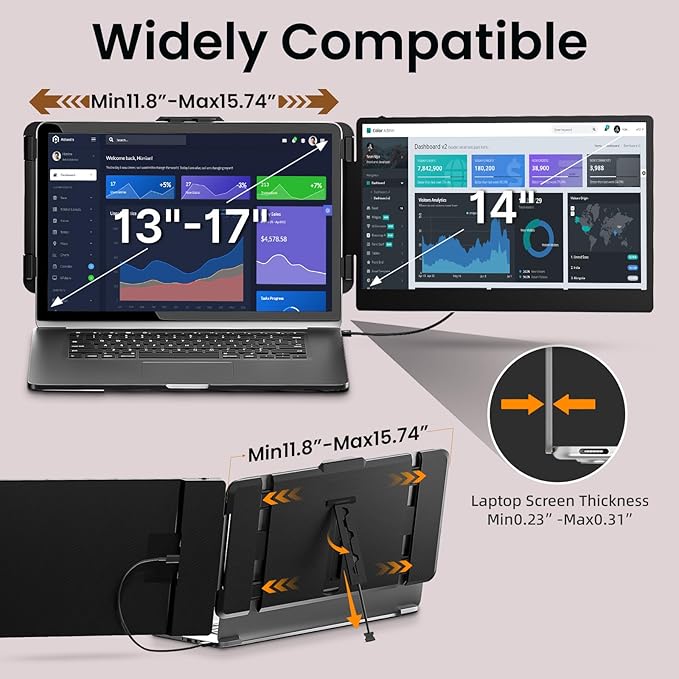 Laptop Screen Extender - 14" FHD 1080P IPS Portable Computer Monitor for Laptops, Dual Screen Travel Monitor for Laptops 13-17" with USB-C/HDMI Port, Plug & Play for Windows/Mac/Android/Switch/PS