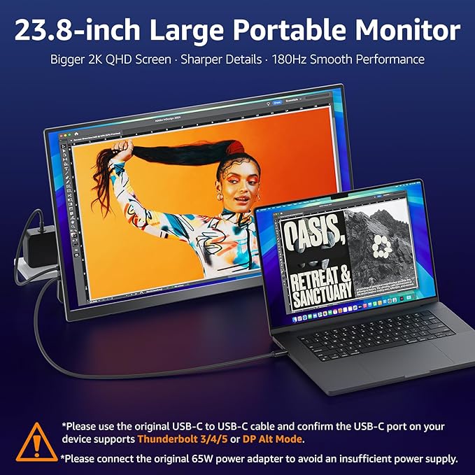 VisionOwl 23.8-Inch Large Portable Monitor-2K QHD 180Hz Refresh Rate Gaming Monitor, 130% sRGB, IPS Panel, USB-C & HDMI for Laptop, PC, Mac, PS5, Xbox, Built-in Kickstand, VESA Mountable
