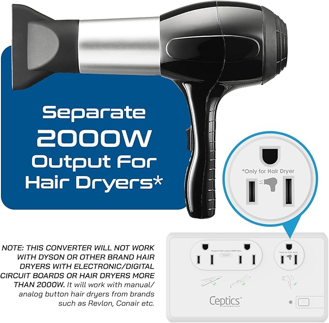 Ceptics Voltage Converter for Travel, 220V to 110V Converter w/Type C, E/F, G, I Plugs, 2000W Outlet for Hair Dryers, 4 USB w/ 1 USB-C PD 18W Fast Charge, for Curling Iron, Straightener, Chargers