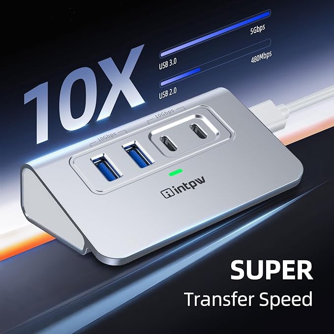 USB C Hub 10Gbps, 4 Port USB Splitter with 2 USB C/USB A 3.2 Data Ports, [Not Support Video and Chrging], Aluminum USB 3.2 Hub with 3.3Ft Cable for Laptop, PC, Mac, Flash Drive, Camera