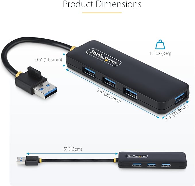 StarTech.com 4-Port USB-A Hub, USB 3.0 (5Gbps) Data Transfer, Bus Powered, Travel Mini Hub, Portable Multi-Port USB Splitter, Windows PC, MacBook, iMac, Chromebook, Surface and More