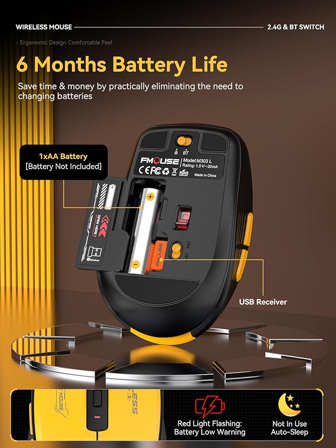 Bluetooth Mouse, Bluetooth 5.1 + 2.4GHz USB + USB-C Dongle, Wireless Mouse Tri-Mode, with Forward/Backward Side Keys, Silent Click, Side Buttons, Portable for Laptop, Mac, iPad (Yellow Black)