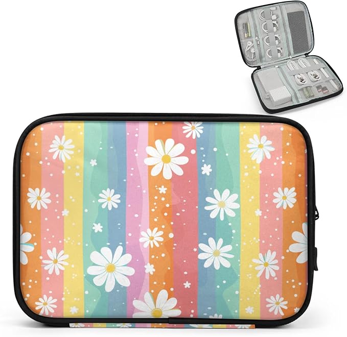 Rainbow Daisies Electronics Travel Organizer Case, Tech Accessories Cable Storage Bag for Cords, Charger, Phone, Hard Drive