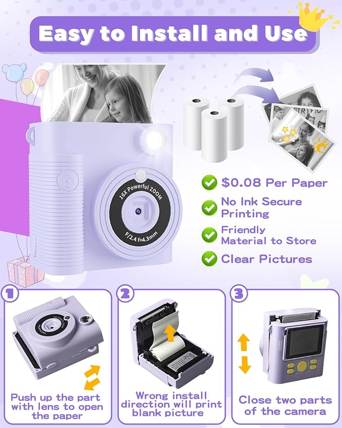 Kids Camera Instant Print, Christmas Birthday Gifts Girls Boys Aged 3-12, HD Digital Video Cameras Toddler, Instant Cameras for 3 4 5 6 7 8 9 10 Year Old Girls Boys with Print Paper