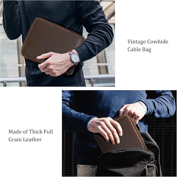 Polare Full Grain Leather Travel Cable Organizer Case Electronics Accessories Carry Bag with YKK Zippers Tech Storage Bag for Cables, Power Bank, USB, SD Card, Travel Essentials