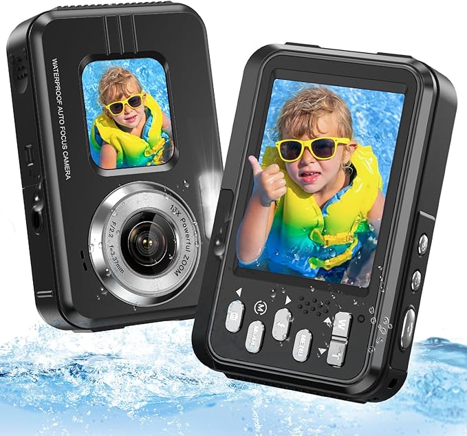 4K Underwater Camera Snorkeling 11FT Waterproof Camera 64MP Autofocus with 32GB Card Dual Screens Selfie 16X Zoom Floatable Compact Digital Camera Waterproof with 2 Batteries (Black)