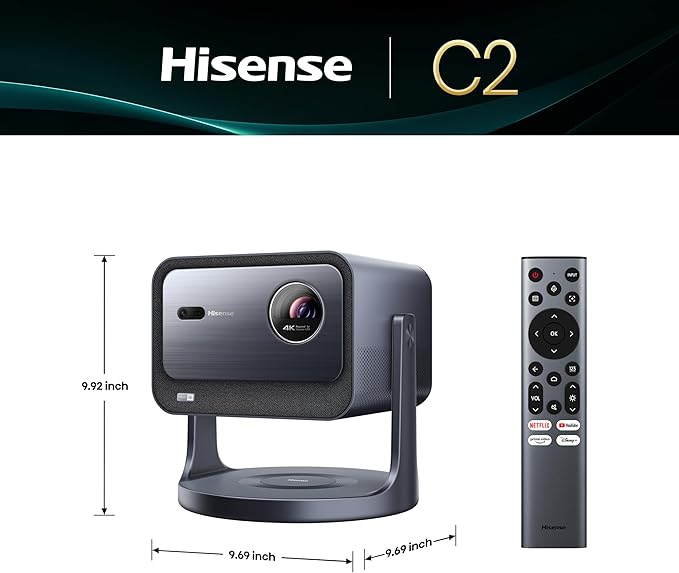 Hisense Laser Mini Projector C2, 65-300", Gimbal Design, 4K, Triple Color Laser, 110% BT.2020, 2000 ANSI Lumens, 1700:1 Native Contrast, Dolby Vision, HSR240, Sound by JBL