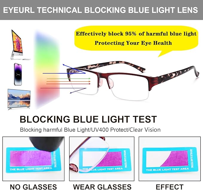 EYEURL 4-Pack Half Frame Blue Light Reading Glasses for Men Rectangle Semi Rimless Readers for Women Spring Hinge Eyeglasses