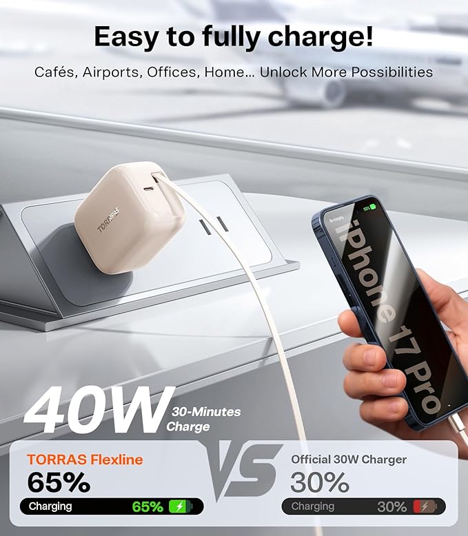 TORRAS FlexLine 40W for iPhone 17 Charger, Dual-Port USB C Charger Block with Retractable Cable, Fast Charging Type-C Power Adapter for iPhone 16/15/Samsung Galaxy S25 Ultra/S24, Gold