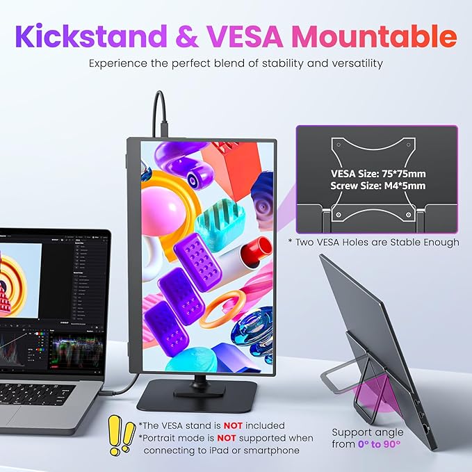 Portable Monitor 15.6 Inch FHD 1080P HDR IPS Travel Monitor with Speakers HDMI USB-C Second Screen for MacBook Laptop Surface Xbox PS4/5, External Display with Kickstand, VESA Compatible