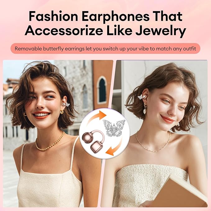 PAXA Bling Open Ear Clip On Earbuds with LED Display & Crystal Butterfly Earrings, Comfort Bluetooth 5.4 Wireless Ear Buds 50H Playtime for Women Girl Work, Fitness, Daily Wear, Gift, Rose Gold