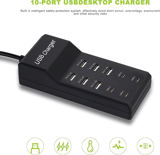 USB Charger,50W USB Charging Station with 10-Port (6 USB-A Port & 4 USB-C Port) Compatible with iPhone 15/14/13/12/11/X/8/7/6 Phones, Watch,Tablets, Smartphones Black
