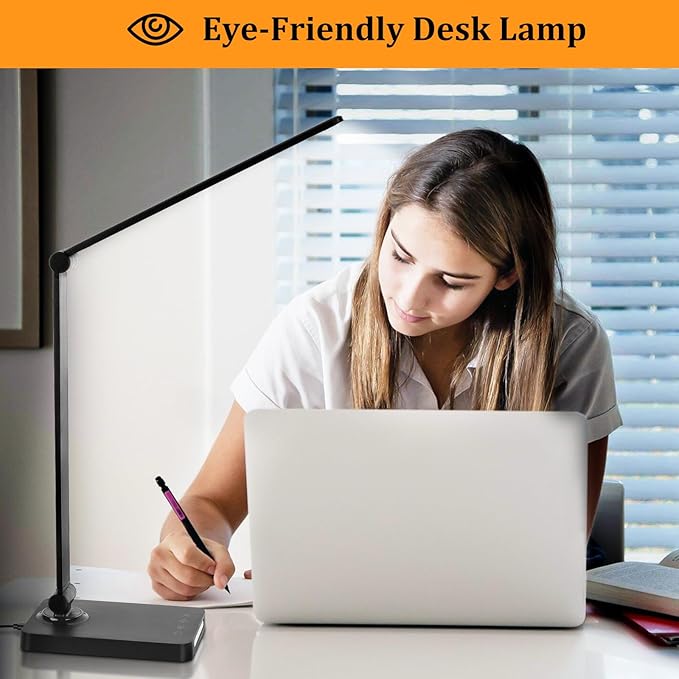 LED Desk Lamp with USB Ports,Touch Desk Lamps for Home Office with 5 Color Modes,3 Brightness Desk Light with Small Night Light,Reading Lamp Table Lamp for Bedroom Bedside Study Black （with adapter）