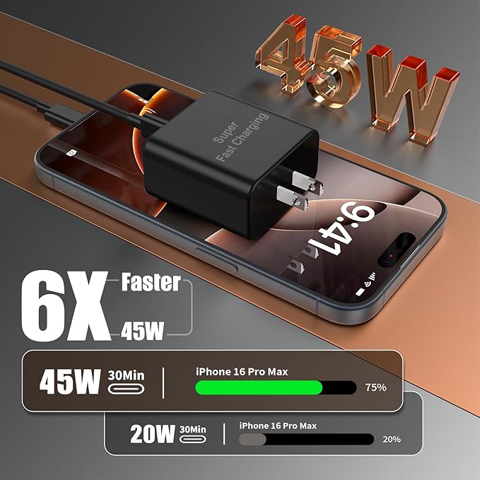 iPhone 17 16 Pro Max Charger Fast Charging, 45W Super Fast USB C Chargers for iPhone 16 (6FT+6FT+10FT) Type C Chargers Cord with Fast Charger Block for iPhone 17/16/15 series/iPad/ GalaxyS24 Black