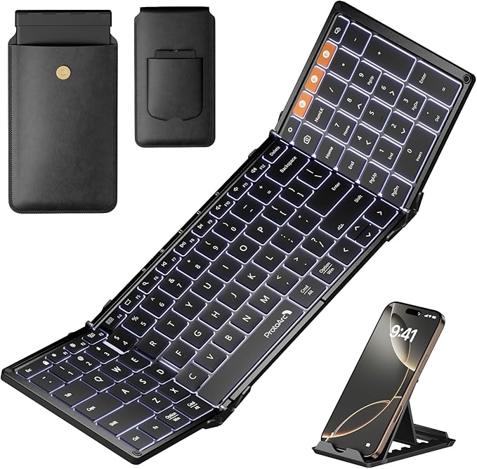ProtoArc Backlit Foldable Keyboard, XK01 Plus Folding Portable Bluetooth Keyboard for Travel, True Full Size External Wireless Keyboards with Backlight for iPad Tablet Smartphone Laptop - Black