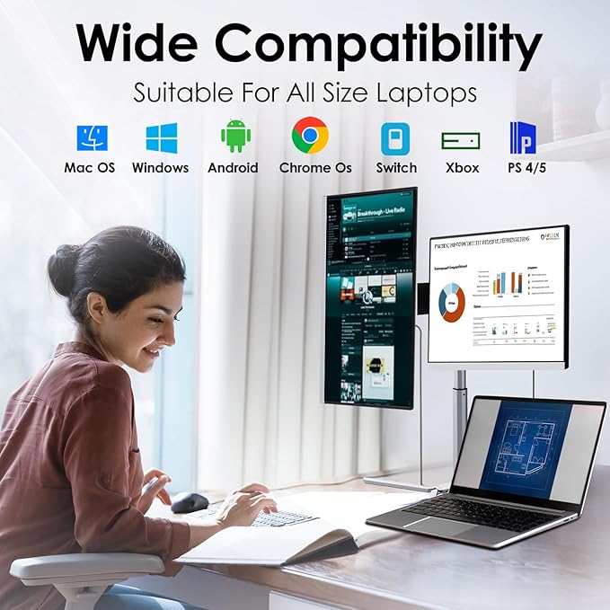 Redalf Laptop Screen Extender, 15.6" Portable Triple Monitor for Laptop,IPS Ultra-Thin Zero Frame Monitor Built-in Speakers Compatible with Mac, Windows, Chrome, Fits Laptops