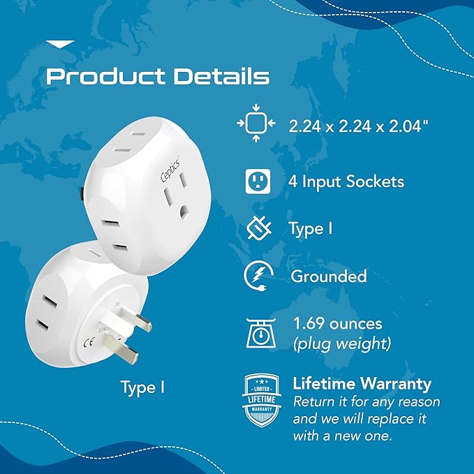Ceptics Australia, New Zealand, China Travel Plug Adapter by - 4 Input - USA to Any Type I Countries Such as New Zealand, Argentina and More - 4 Pack (PT-16), White (PT-16-4PK)