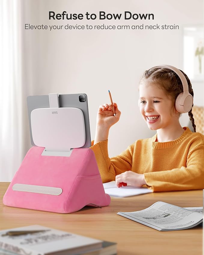 SAIJI Tablet Kindle Stand Pillow - iPad Holder for Lap Reading in Bed, with Lifter & Angle Adjustable Multi-Function Clip for 4-13" Tablets, iPad, Kindle, Phone, Pink