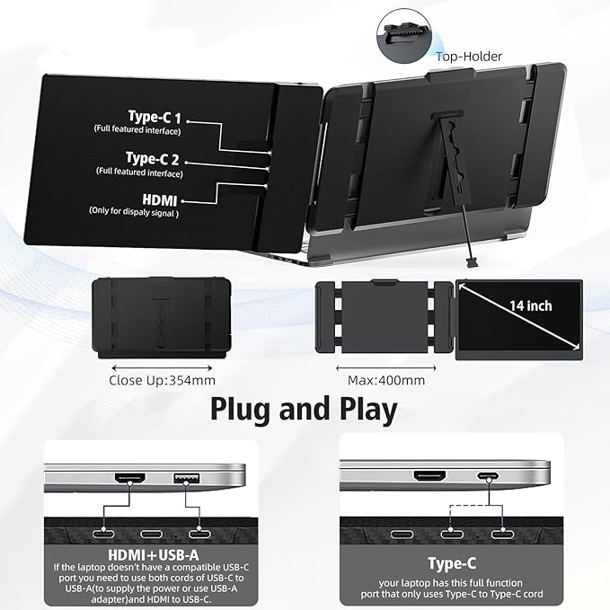 Laptop Screen Extender Monitor - 14 Inch Portable IPS FHD 1080P HDMI/USB-A/Type-C Dual Extended Monitor for Laptops (Maximum Length: 15.94") Compatible with Windows Mac Travel Gaming Work